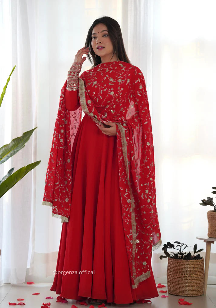 Classic Red Anarkali Set with Golden Embroidery