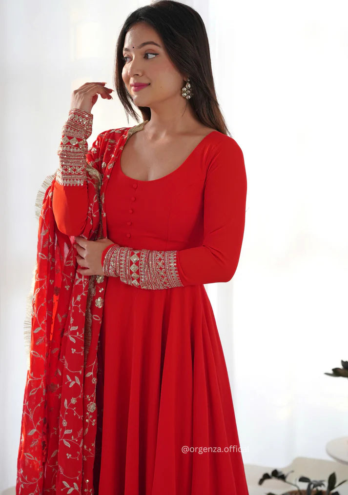 Classic Red Anarkali Set with Golden Embroidery