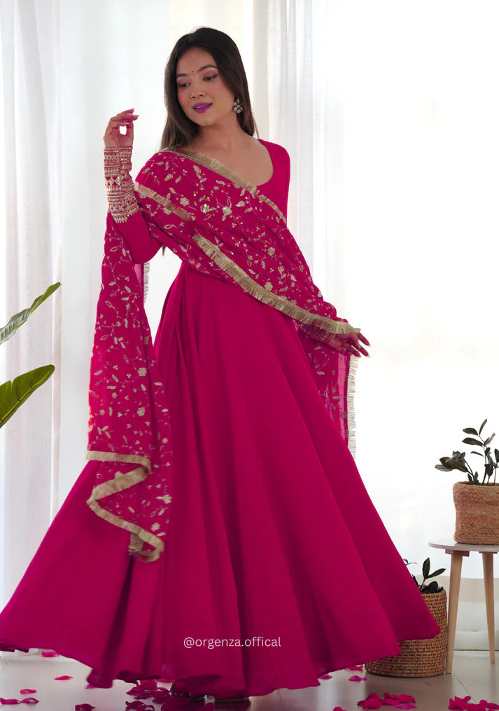 Magenta Pink Anarkali Suit with Golden Embroidered Dupatta