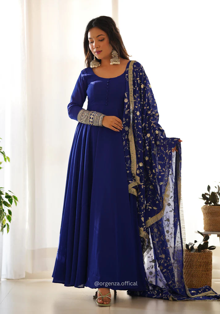 Royal Blue Anarkali Suit with Embroidered Dupatta