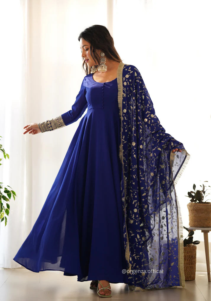Royal Blue Anarkali Suit with Embroidered Dupatta