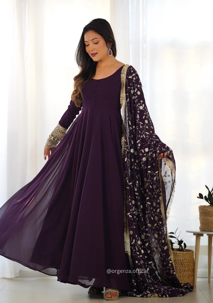 Deep Plum Embroidered Anarkali Suit