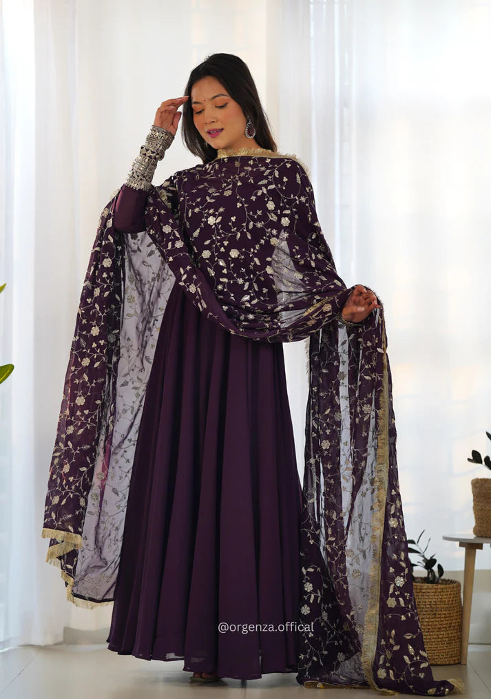 Deep Plum Embroidered Anarkali Suit