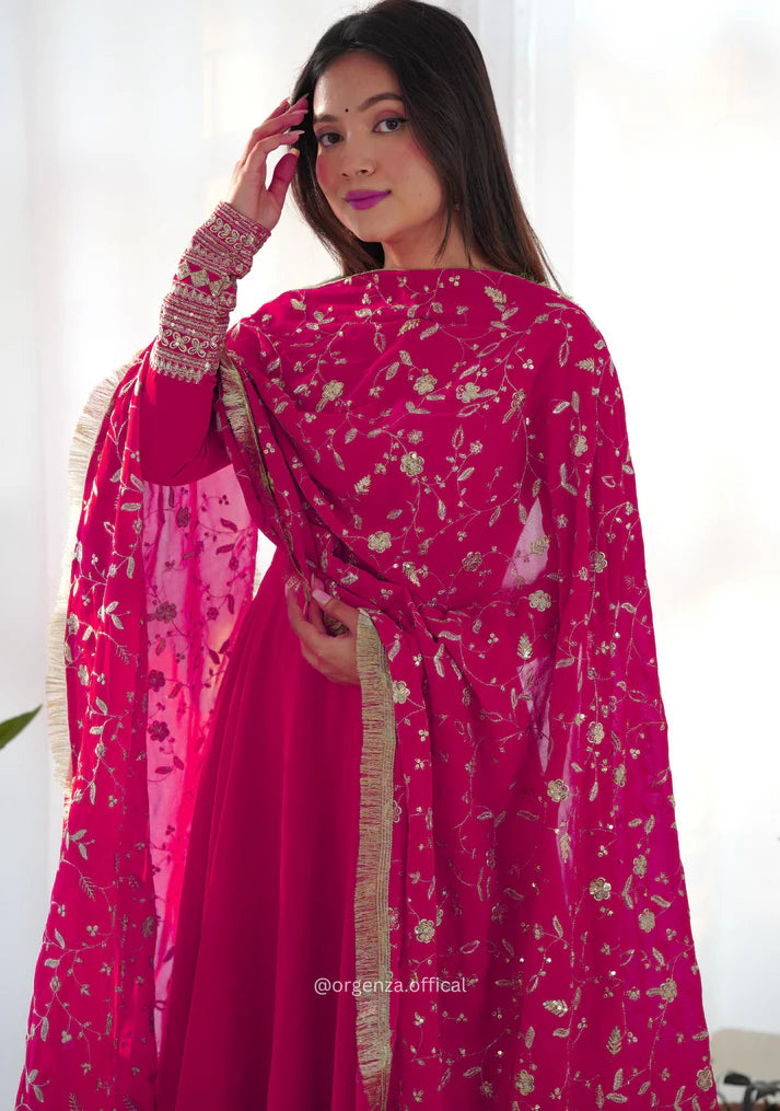 Magenta Pink Anarkali Suit with Golden Embroidered Dupatta