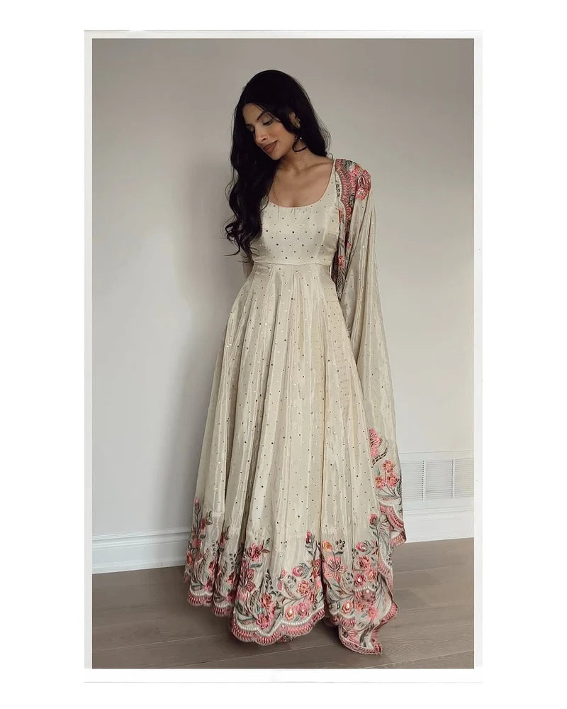 Elegant Off-White Anarkali Suit with Floral Embroidered Dupatta