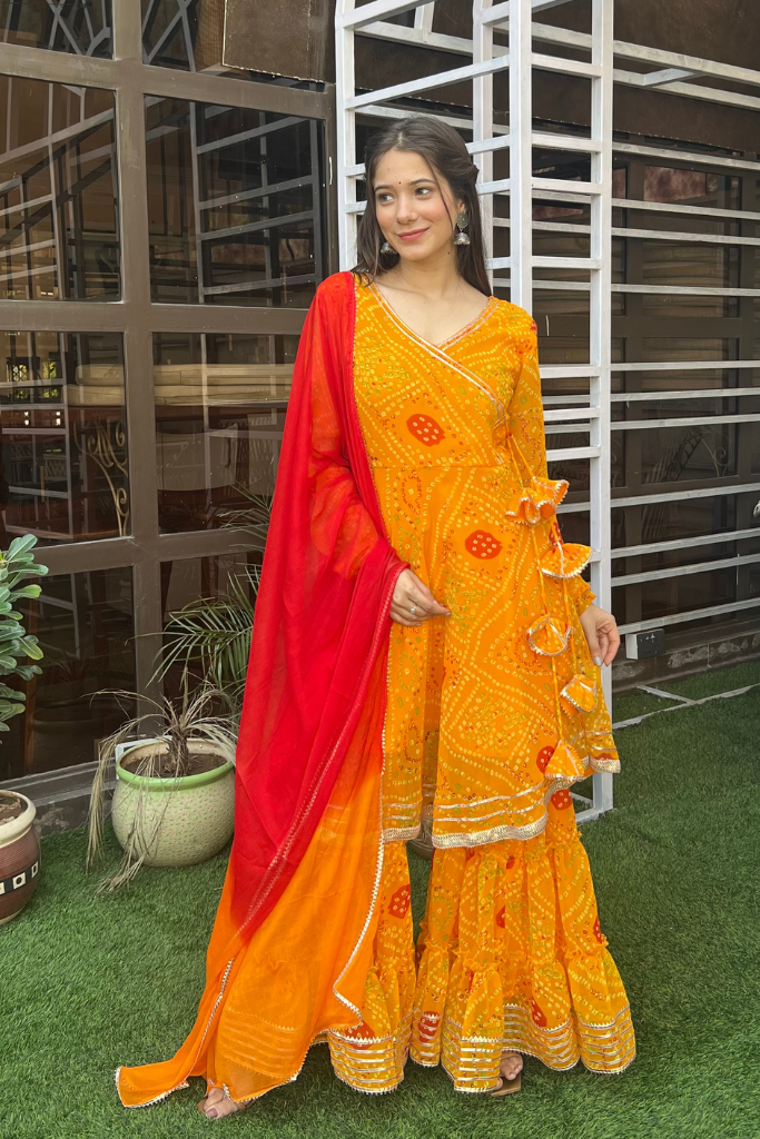 Yellow Bandhani Print Sharara Set For Women's