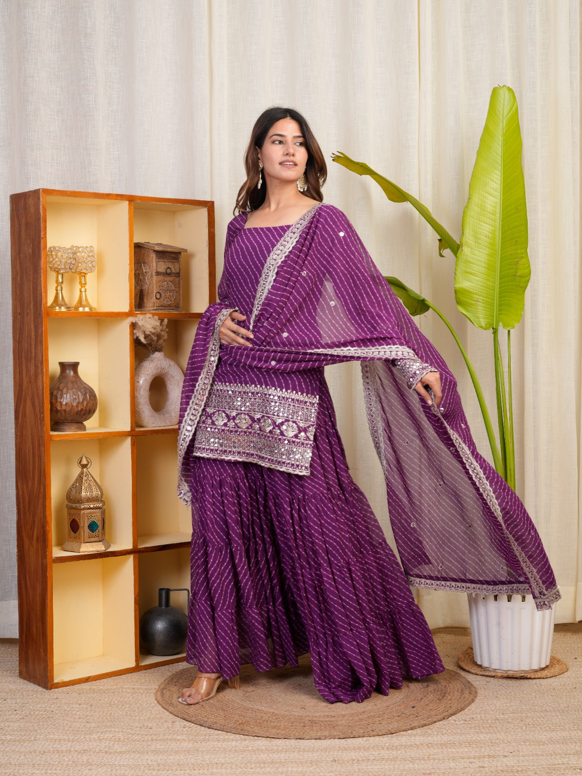 Royal Purple Bandhani Sharara Suit with Mirror Work Dupatta