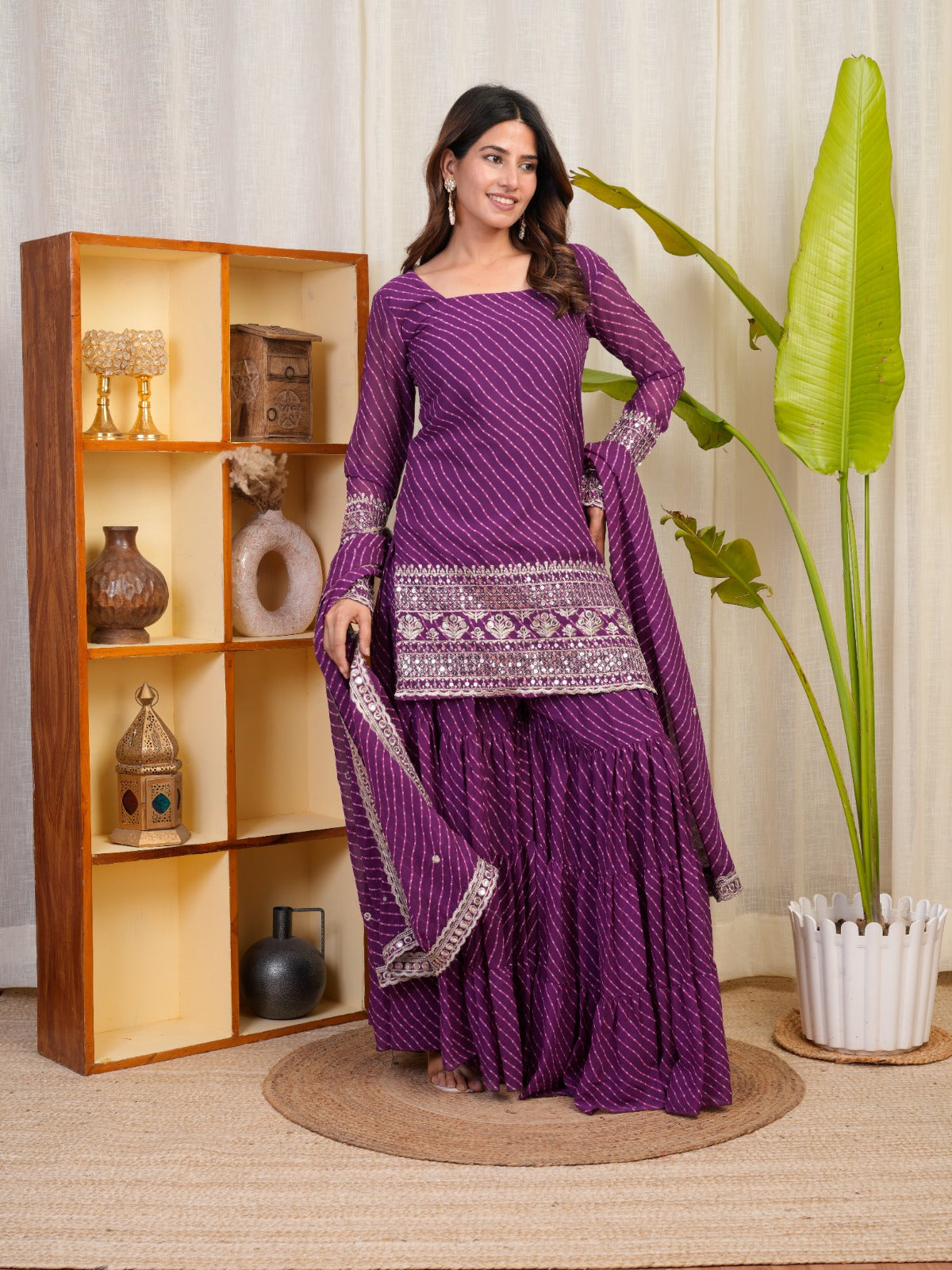 Royal Purple Bandhani Sharara Suit with Mirror Work Dupatta