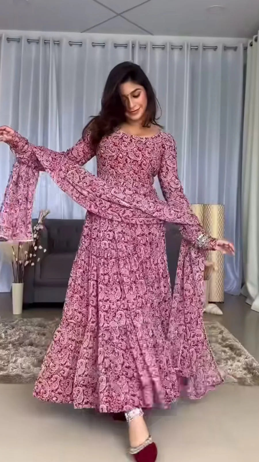 Maroon Paisley Printed Tiered Anarkali Maxi Dress
