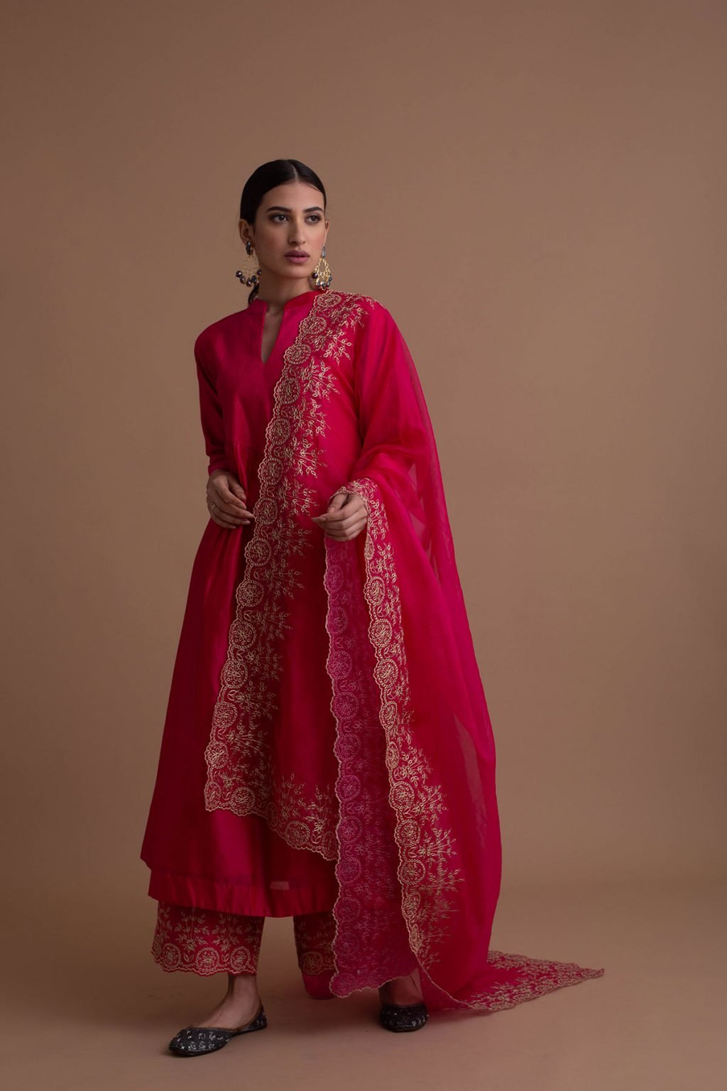 Fuchsia Pink Embroidered Organza Kurta Set with Dupatta