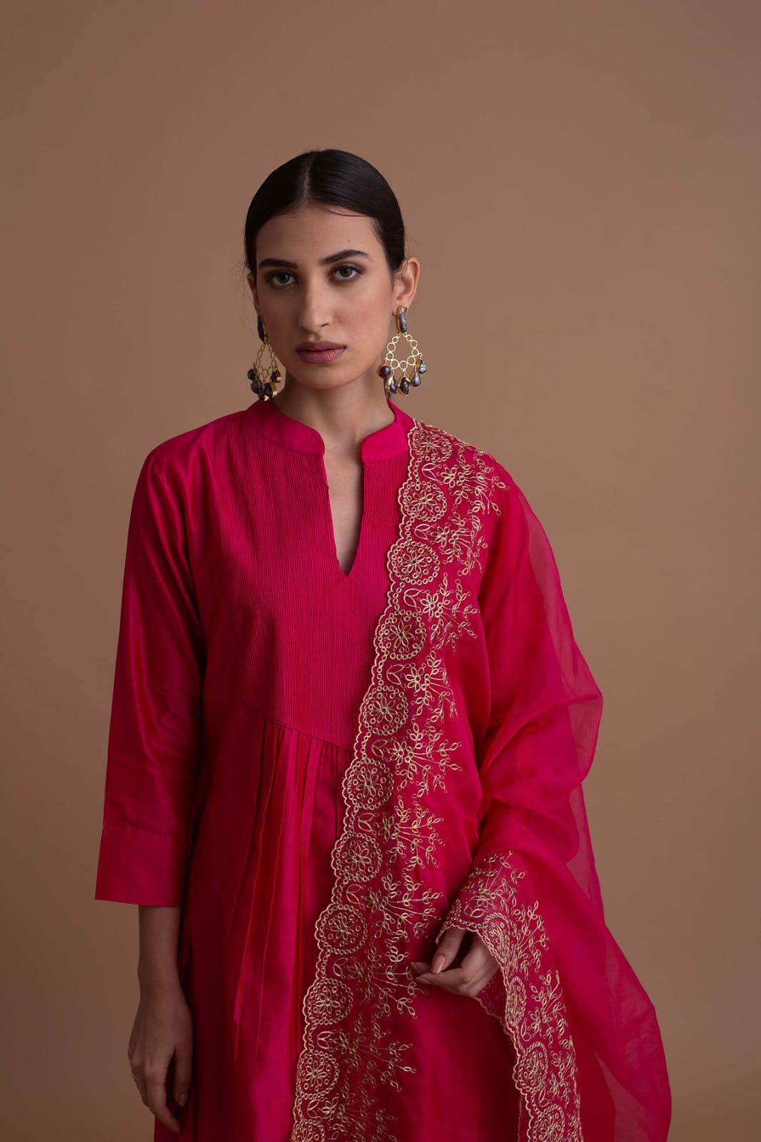 Fuchsia Pink Embroidered Organza Kurta Set with Dupatta