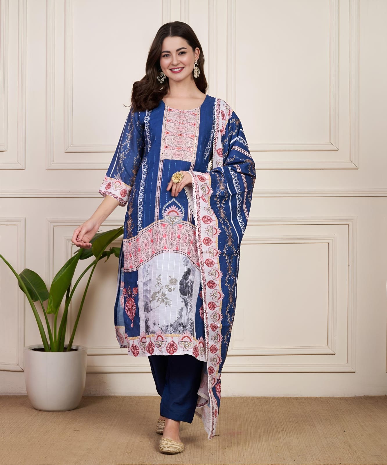 Royal Blue Mughal-Inspired Printed Kurta Set with Dupatta