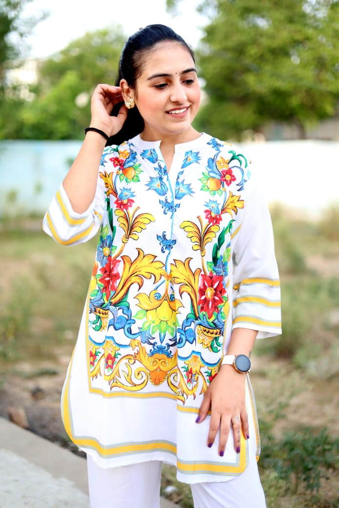 White Cotton Co-Ord Set with Multicolor Floral Print