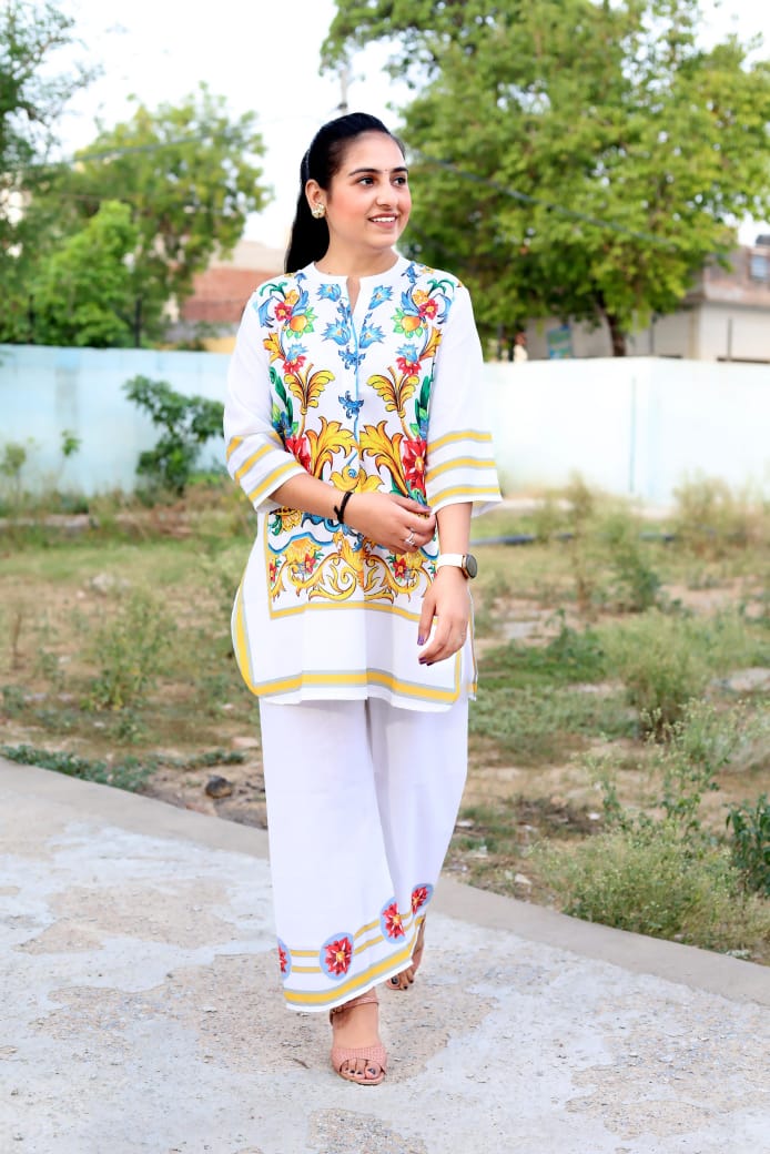 White Cotton Co-Ord Set with Multicolor Floral Print