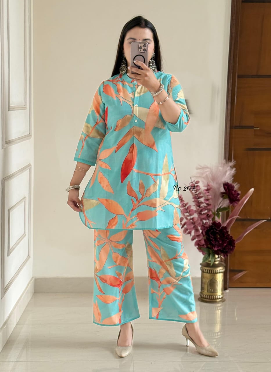 Tropical Leaf Print Co-ord Set – Aqua Blue & Peach Tones