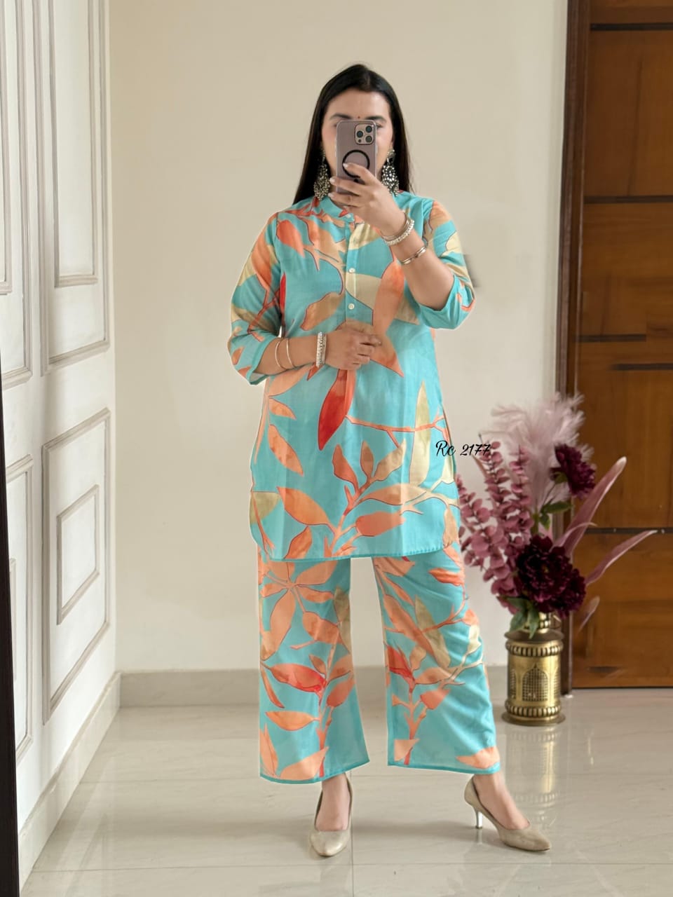 Tropical Leaf Print Co-ord Set – Aqua Blue & Peach Tones