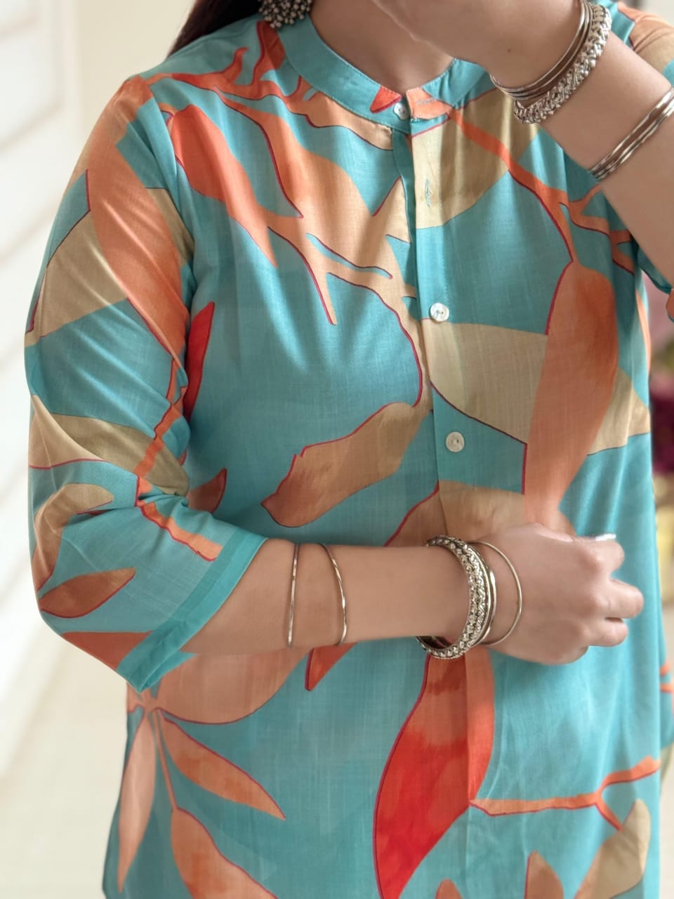 Tropical Leaf Print Co-ord Set – Aqua Blue & Peach Tones