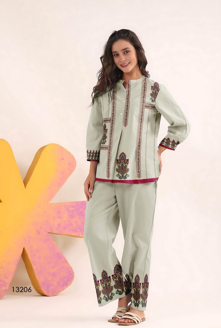 Elegant Mughal Motif Co-ord Set – Soft Sage Green with Maroon Accents