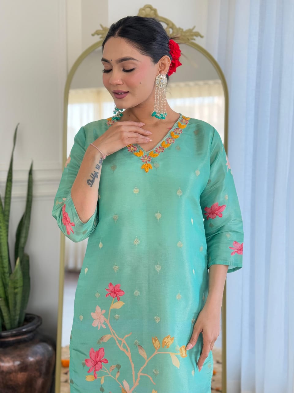 Sea Green Floral Festive Suit Set with Dupatta – Pink Accent Elegance