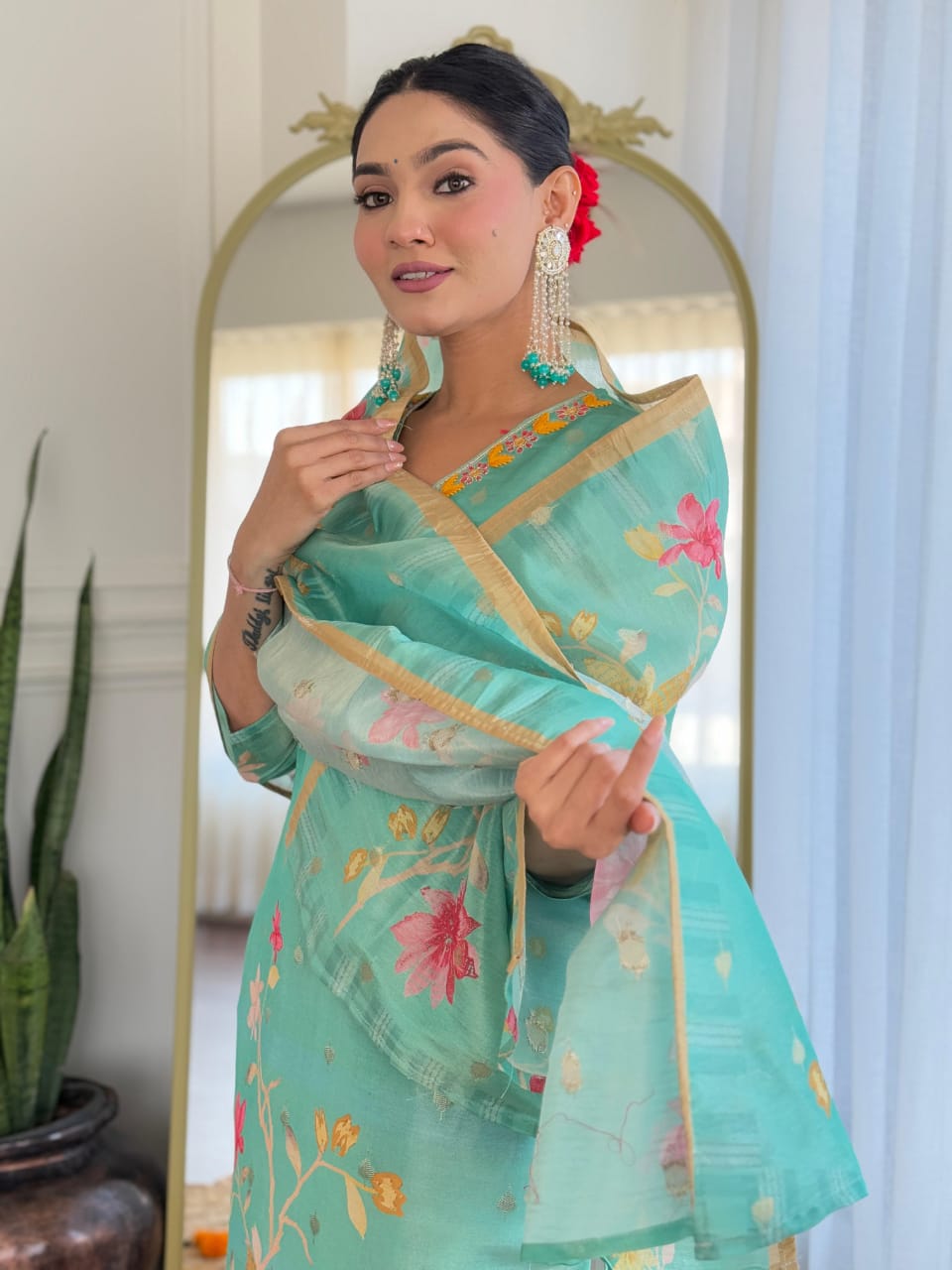 Sea Green Floral Festive Suit Set with Dupatta – Pink Accent Elegance