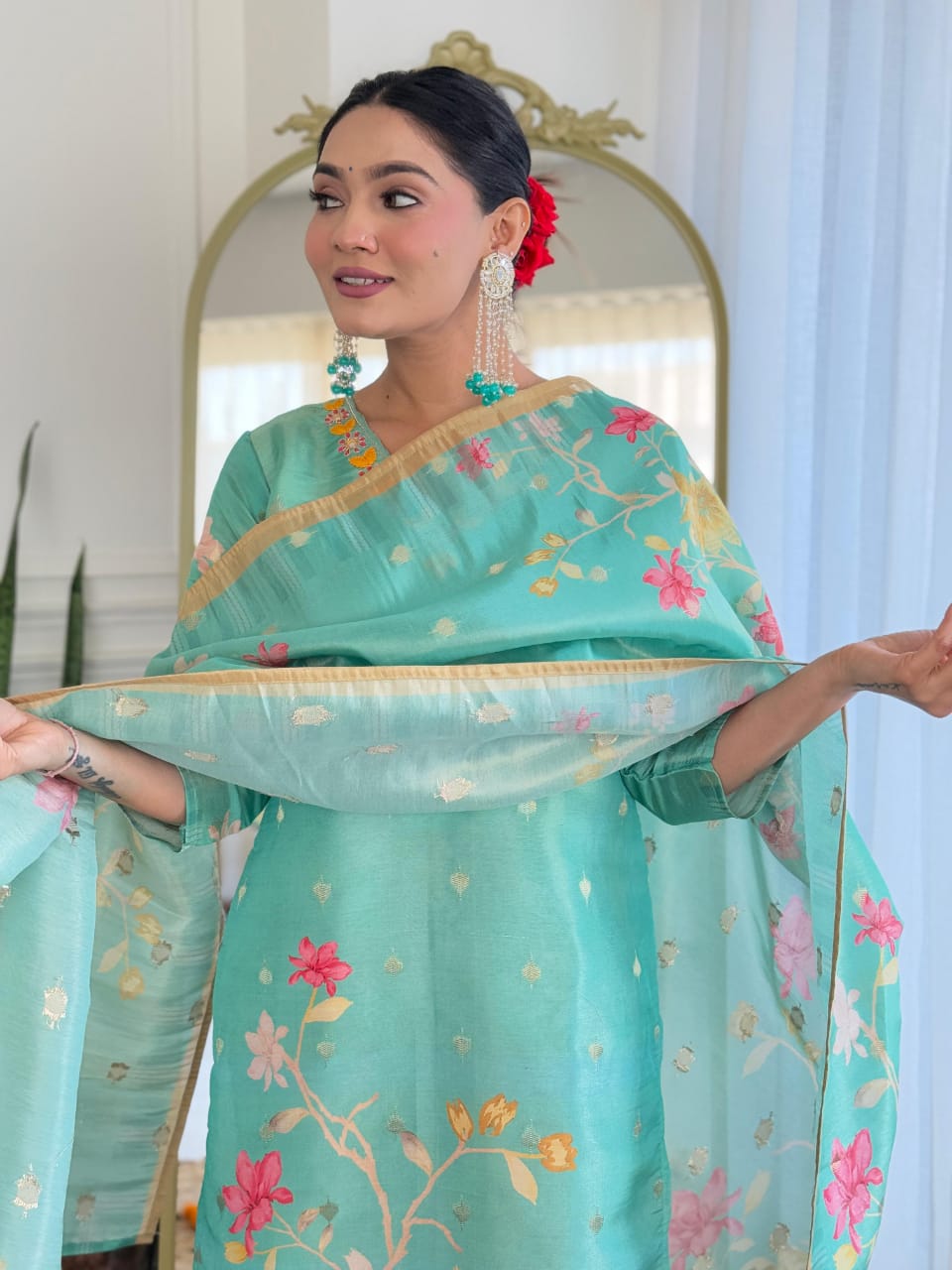Sea Green Floral Festive Suit Set with Dupatta – Pink Accent Elegance