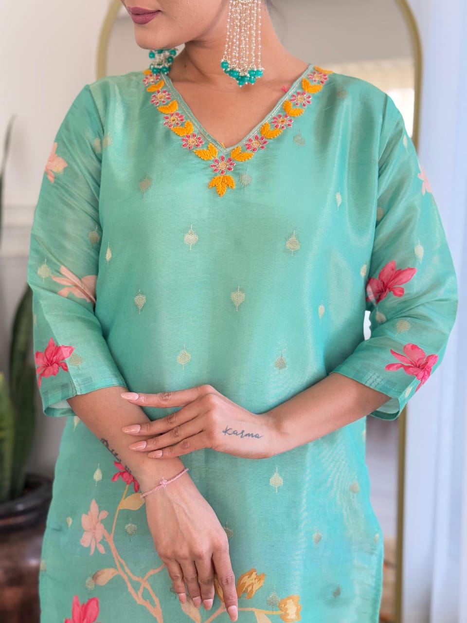 Sea Green Floral Festive Suit Set with Dupatta – Pink Accent Elegance