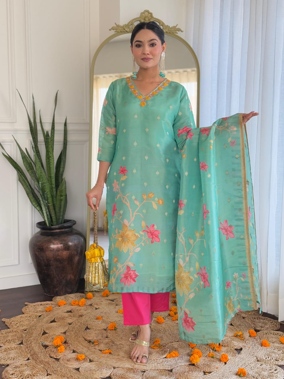 Sea Green Floral Festive Suit Set with Dupatta – Pink Accent Elegance