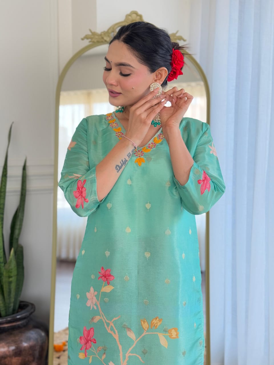 Sea Green Floral Festive Suit Set with Dupatta – Pink Accent Elegance