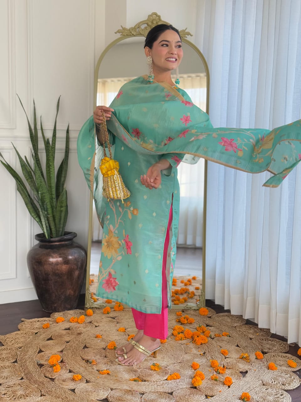 Sea Green Floral Festive Suit Set with Dupatta – Pink Accent Elegance
