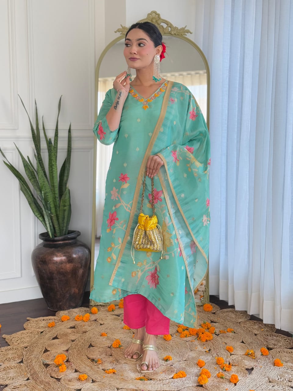 Sea Green Floral Festive Suit Set with Dupatta – Pink Accent Elegance