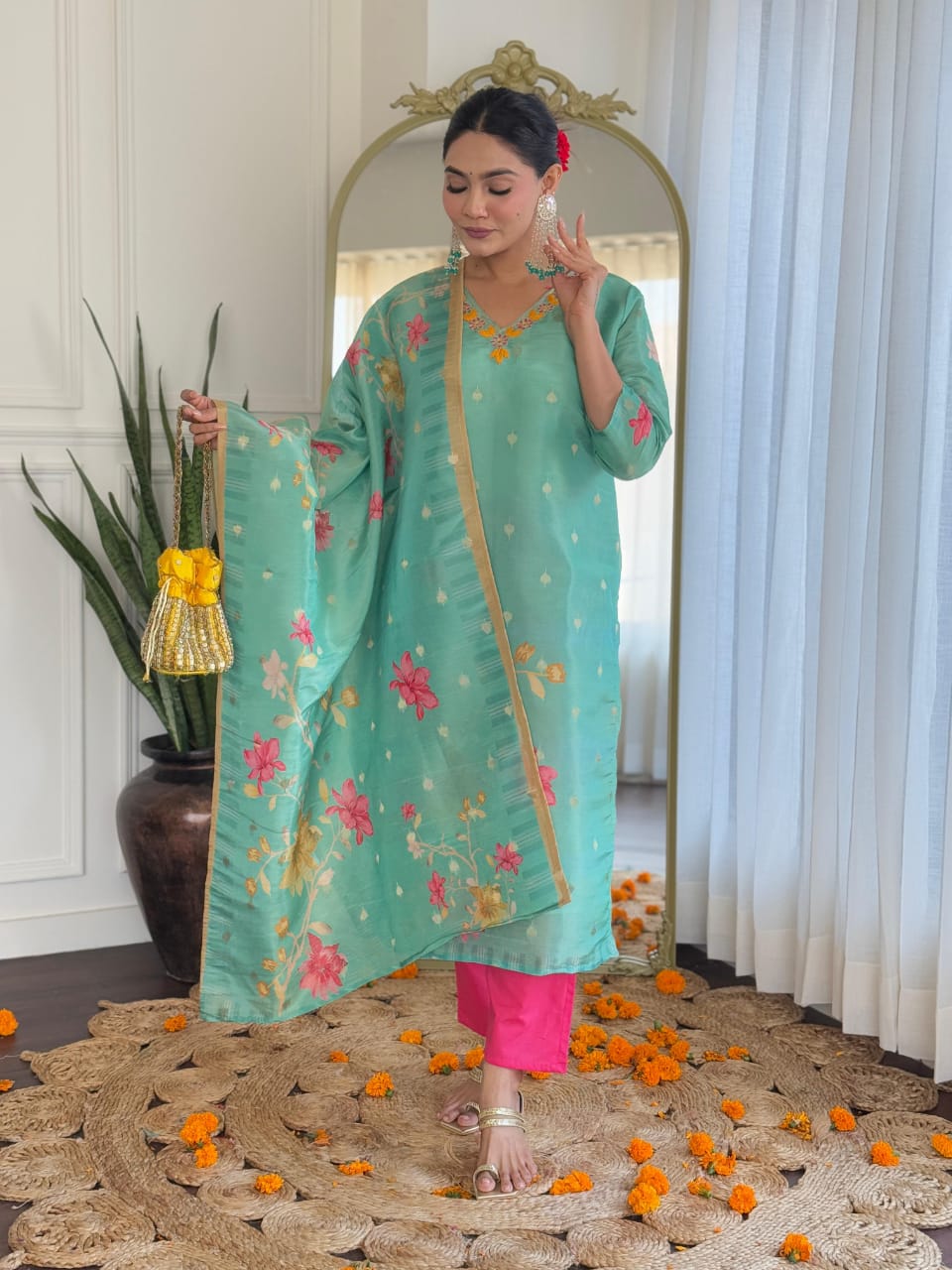 Sea Green Floral Festive Suit Set with Dupatta – Pink Accent Elegance