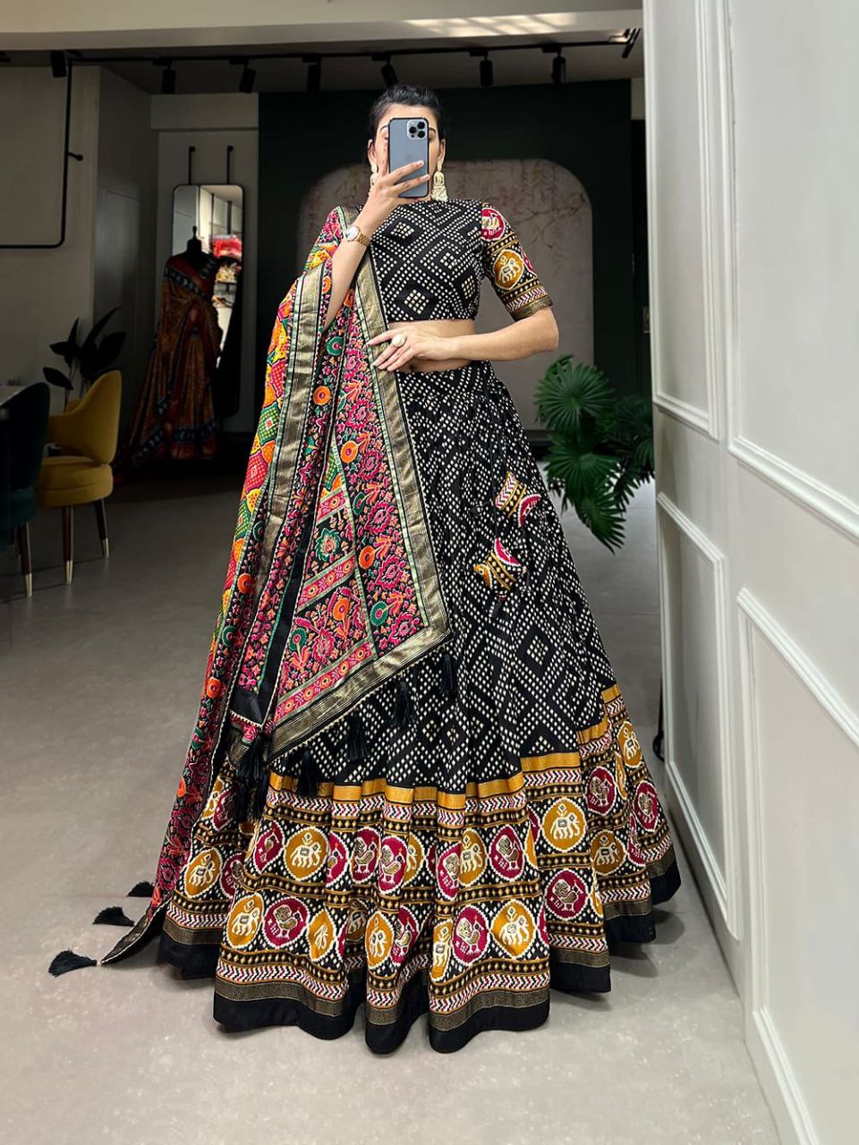 Bandhani Print Lehenga Choli Set with Traditional Motif and Embroidered Dupatta