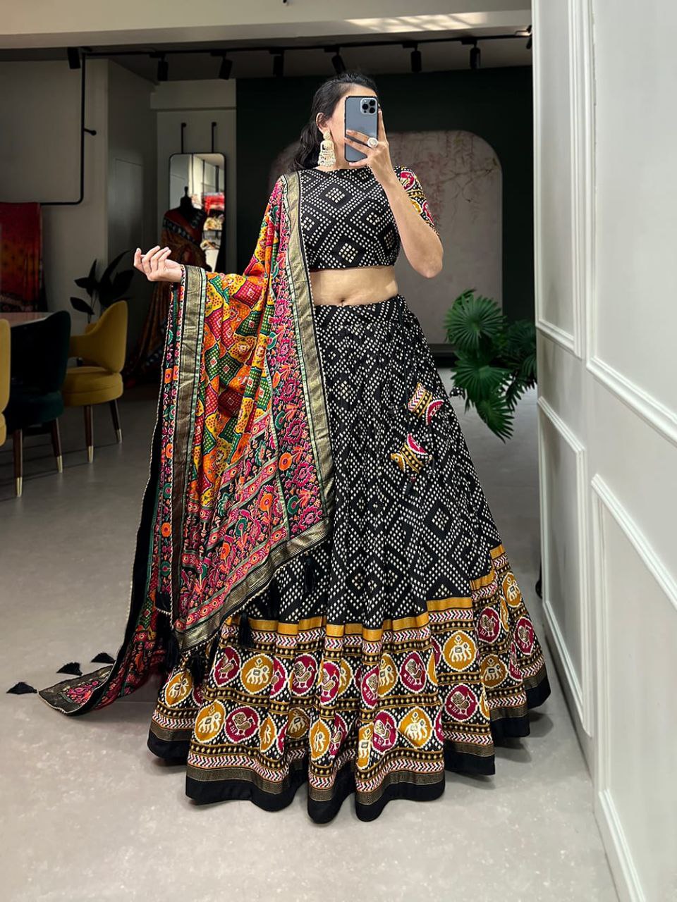 Bandhani Print Lehenga Choli Set with Traditional Motif and Embroidered Dupatta