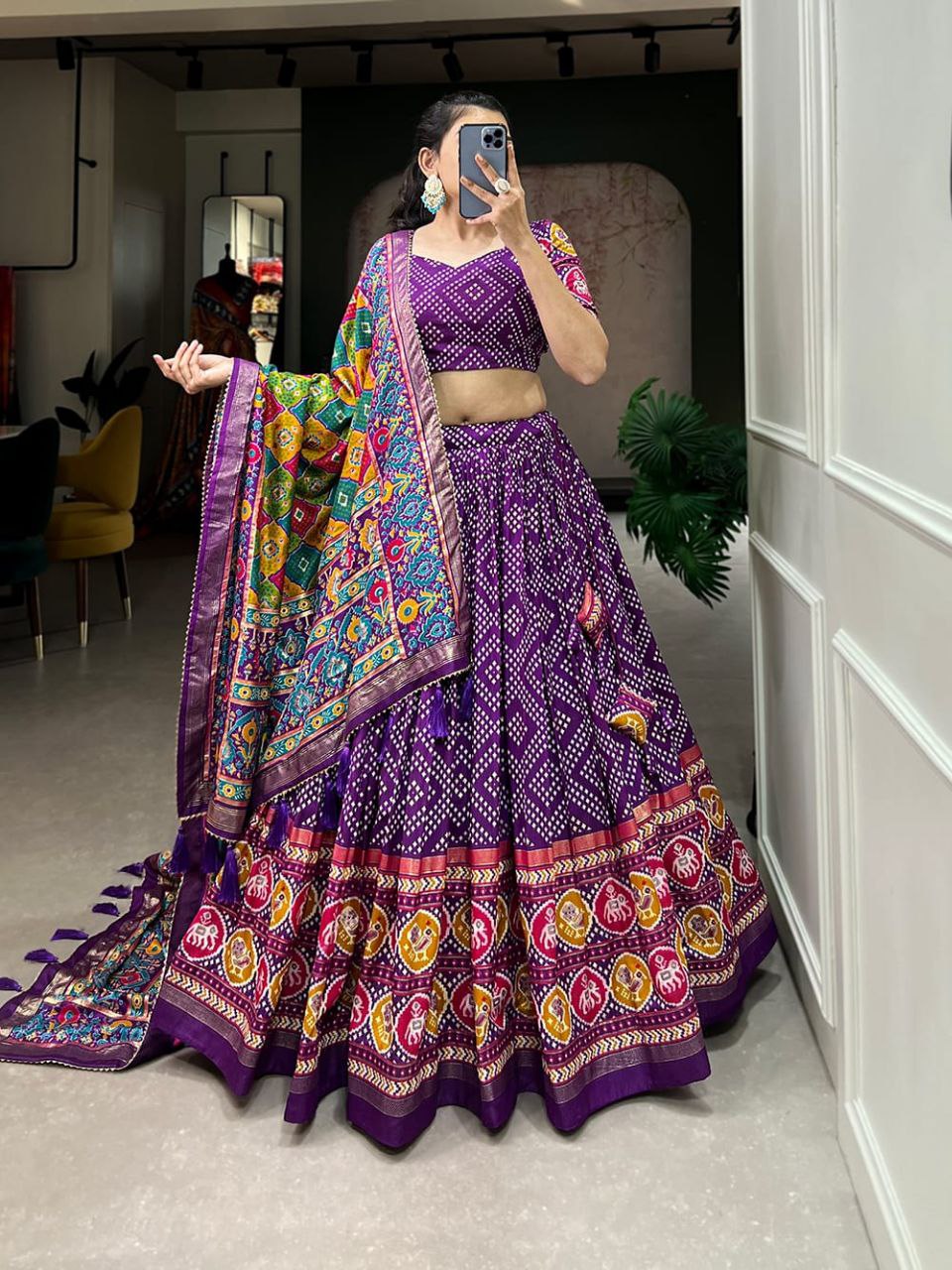 Bandhani Print Lehenga Choli Set with Traditional Motif and Embroidered Dupatta