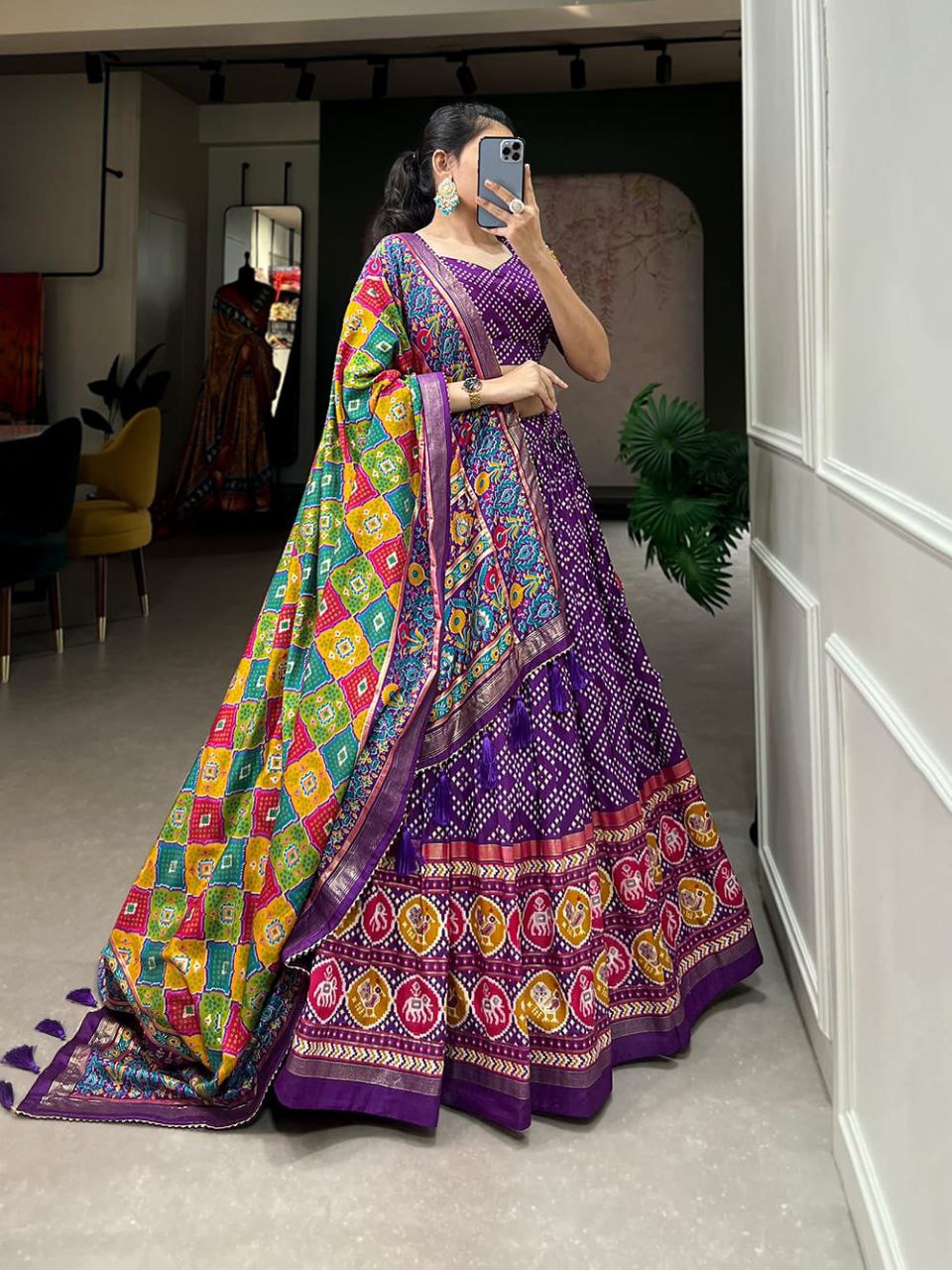 Bandhani Print Lehenga Choli Set with Traditional Motif and Embroidered Dupatta
