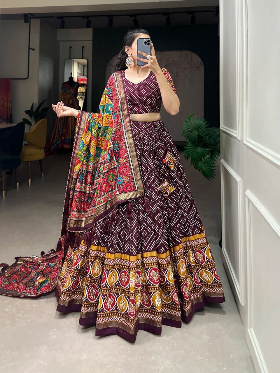 Bandhani Print Lehenga Choli Set with Traditional Motif and Embroidered Dupatta