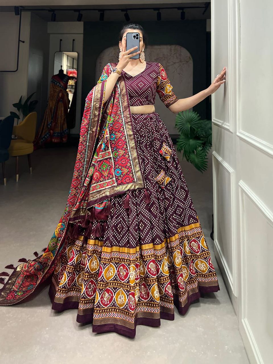 Bandhani Print Lehenga Choli Set with Traditional Motif and Embroidered Dupatta