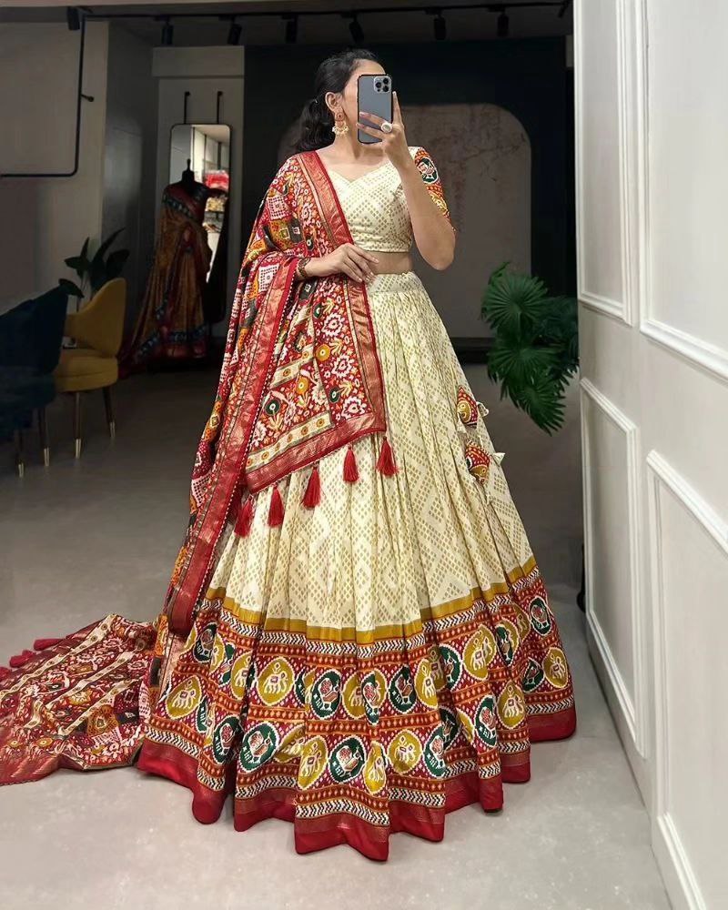 Bandhani Print Lehenga Choli Set with Traditional Motif and Embroidered Dupatta