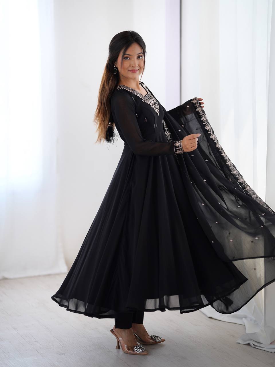 Classic Black Anarkali Suit with Embellished Dupatta