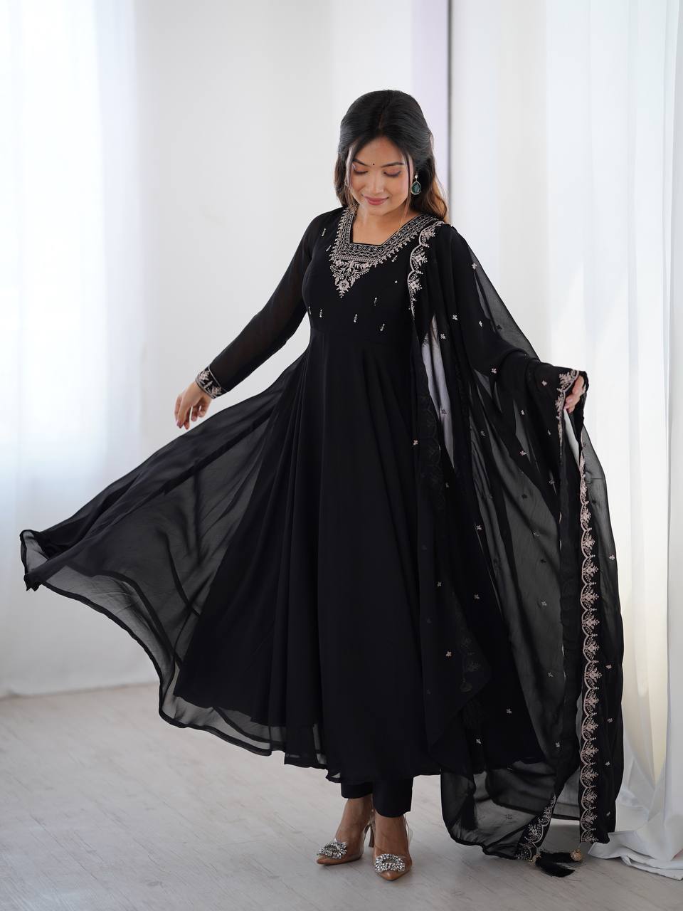 Classic Black Anarkali Suit with Embellished Dupatta