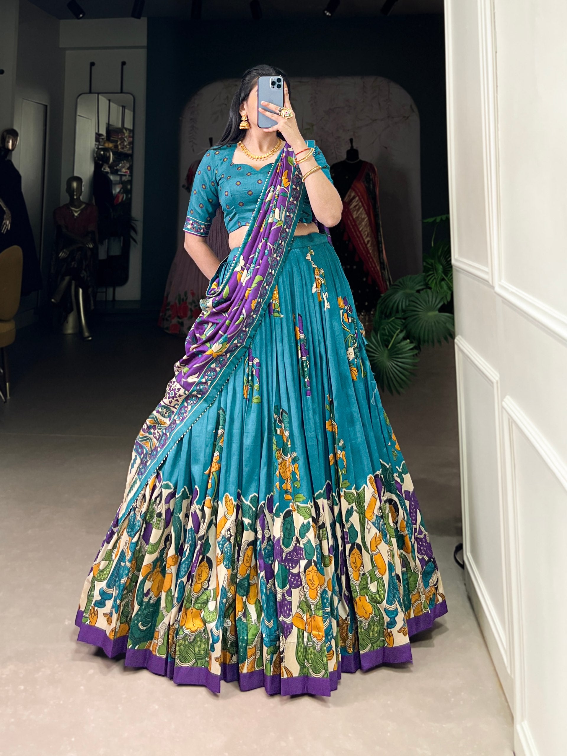Tribal Folk Art Print Lehenga Choli Set with Handcrafted Dupatta