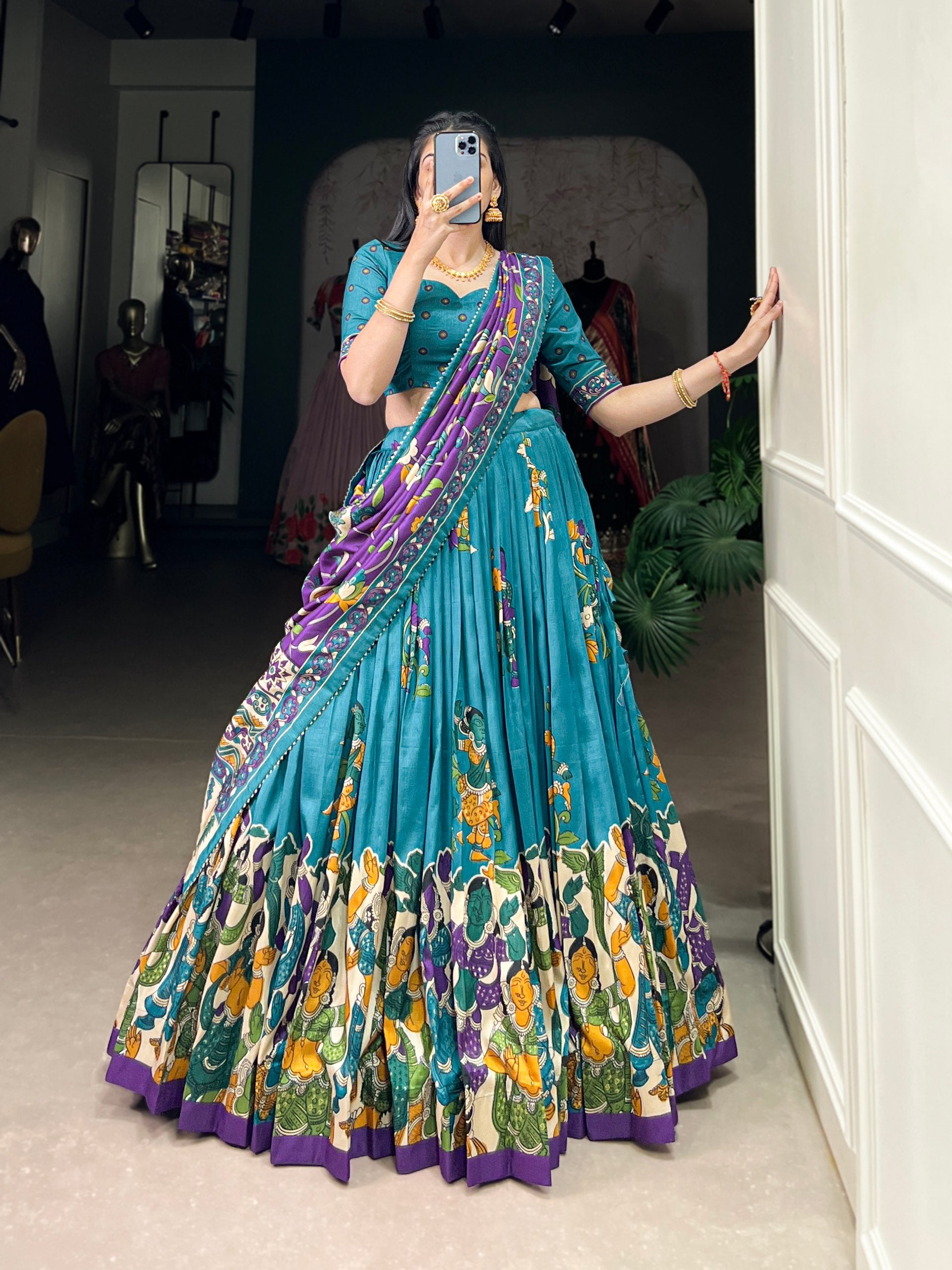 Tribal Folk Art Print Lehenga Choli Set with Handcrafted Dupatta
