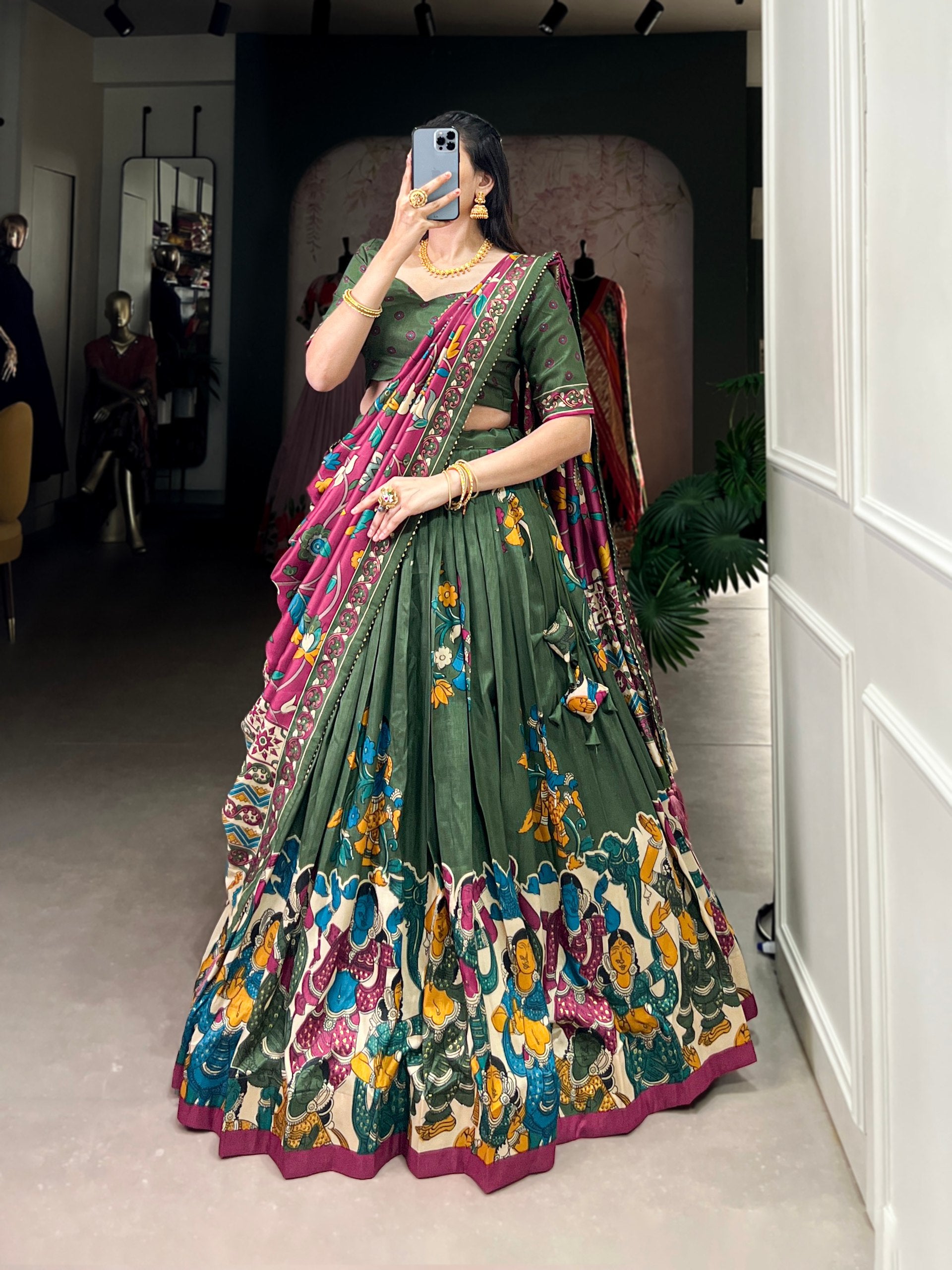 Tribal Folk Art Print Lehenga Choli Set with Handcrafted Dupatta