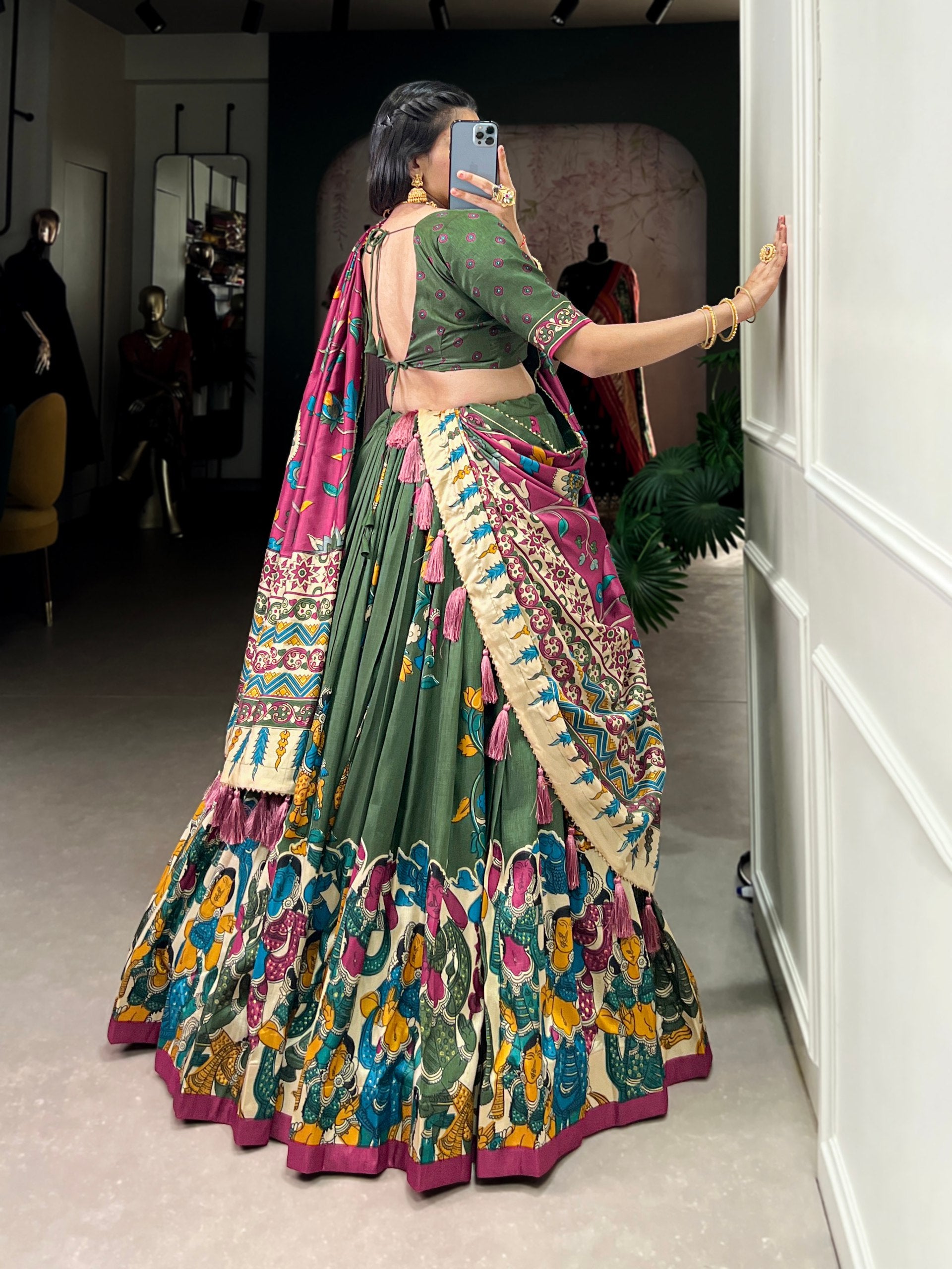 Tribal Folk Art Print Lehenga Choli Set with Handcrafted Dupatta