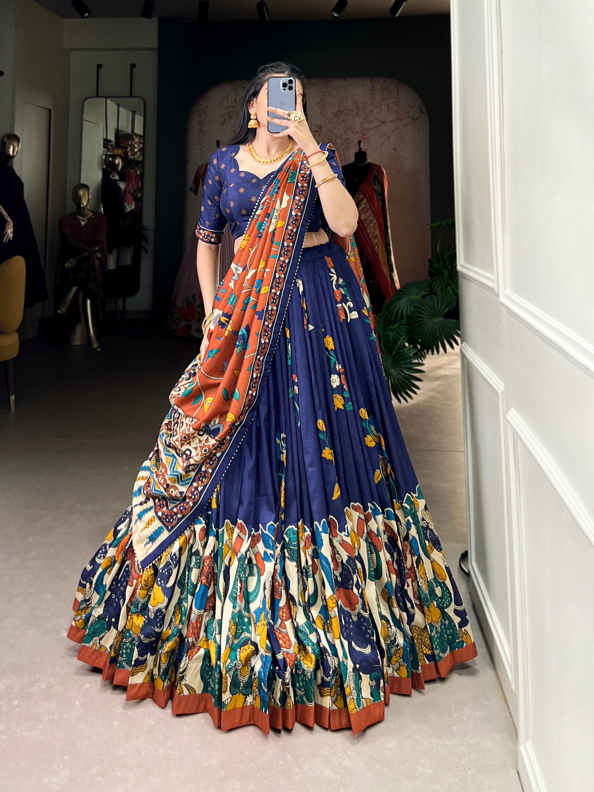 Tribal Folk Art Print Lehenga Choli Set with Handcrafted Dupatta