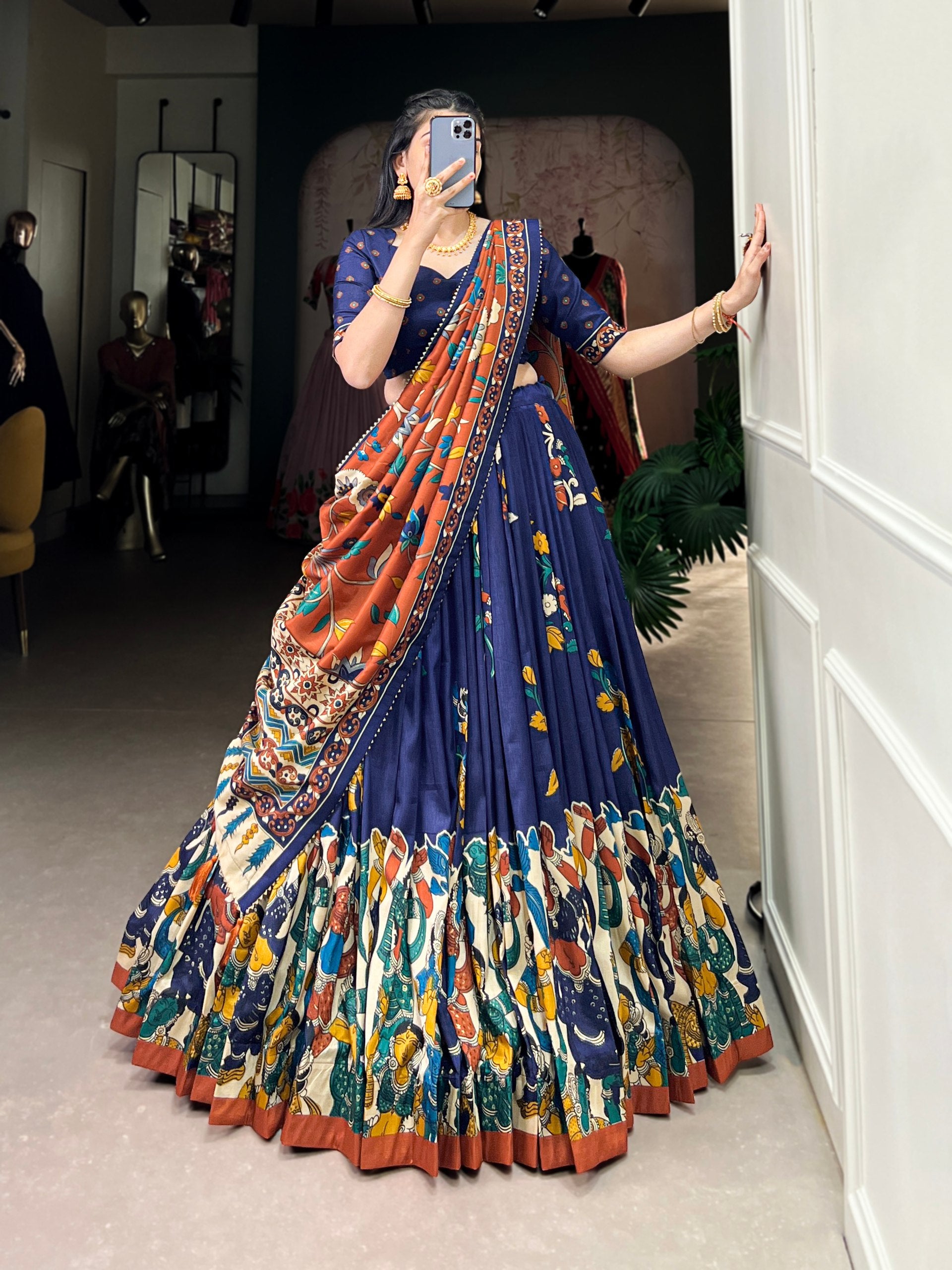 Tribal Folk Art Print Lehenga Choli Set with Handcrafted Dupatta