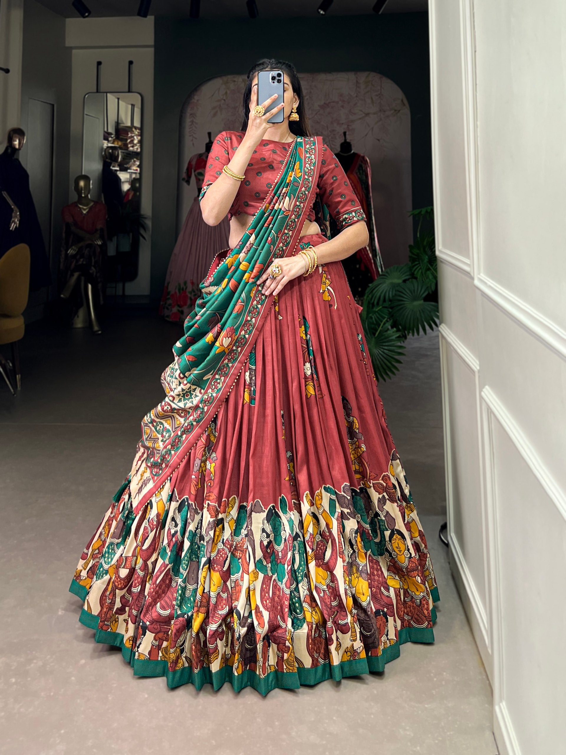 Tribal Folk Art Print Lehenga Choli Set with Handcrafted Dupatta