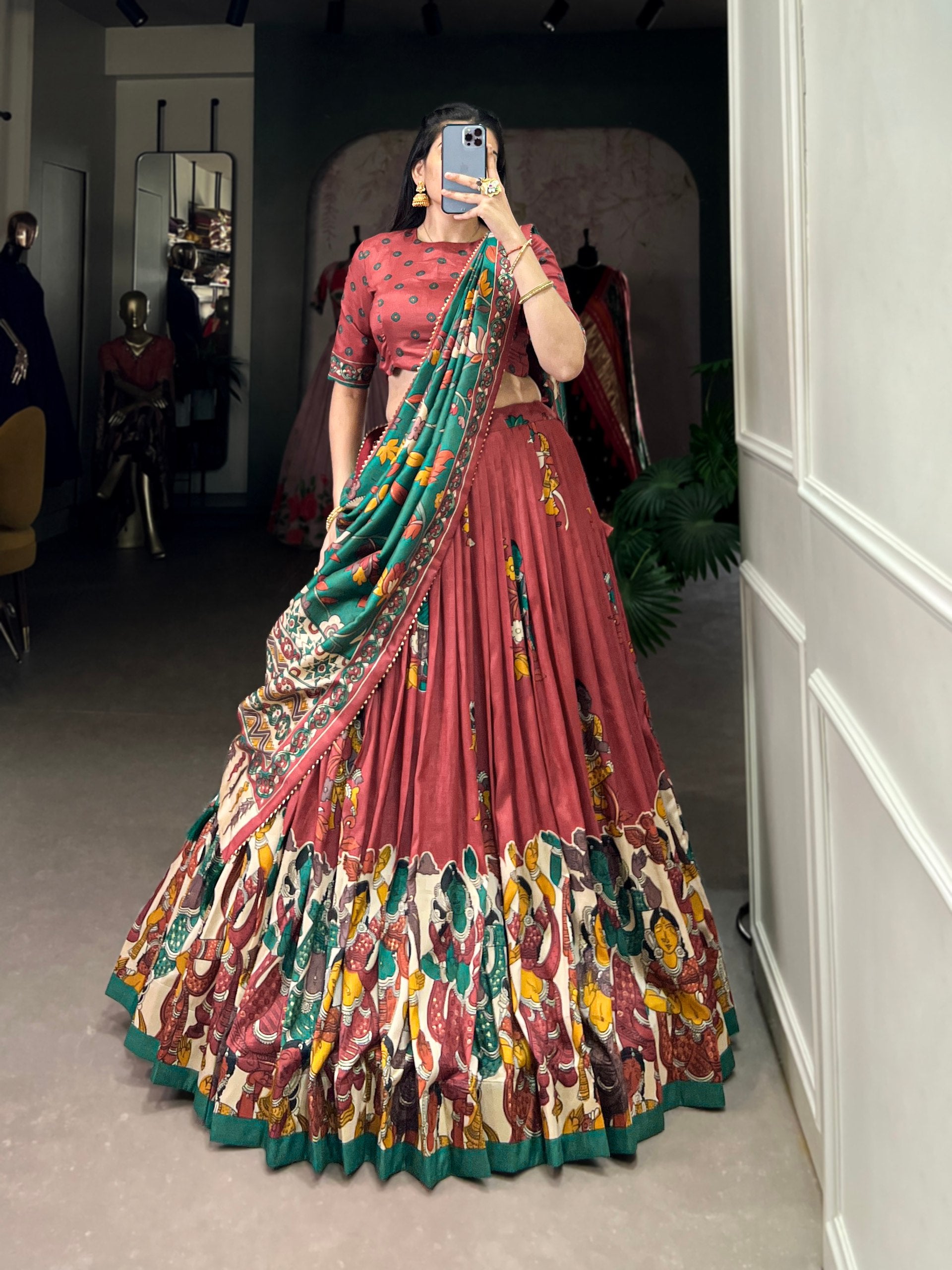 Tribal Folk Art Print Lehenga Choli Set with Handcrafted Dupatta