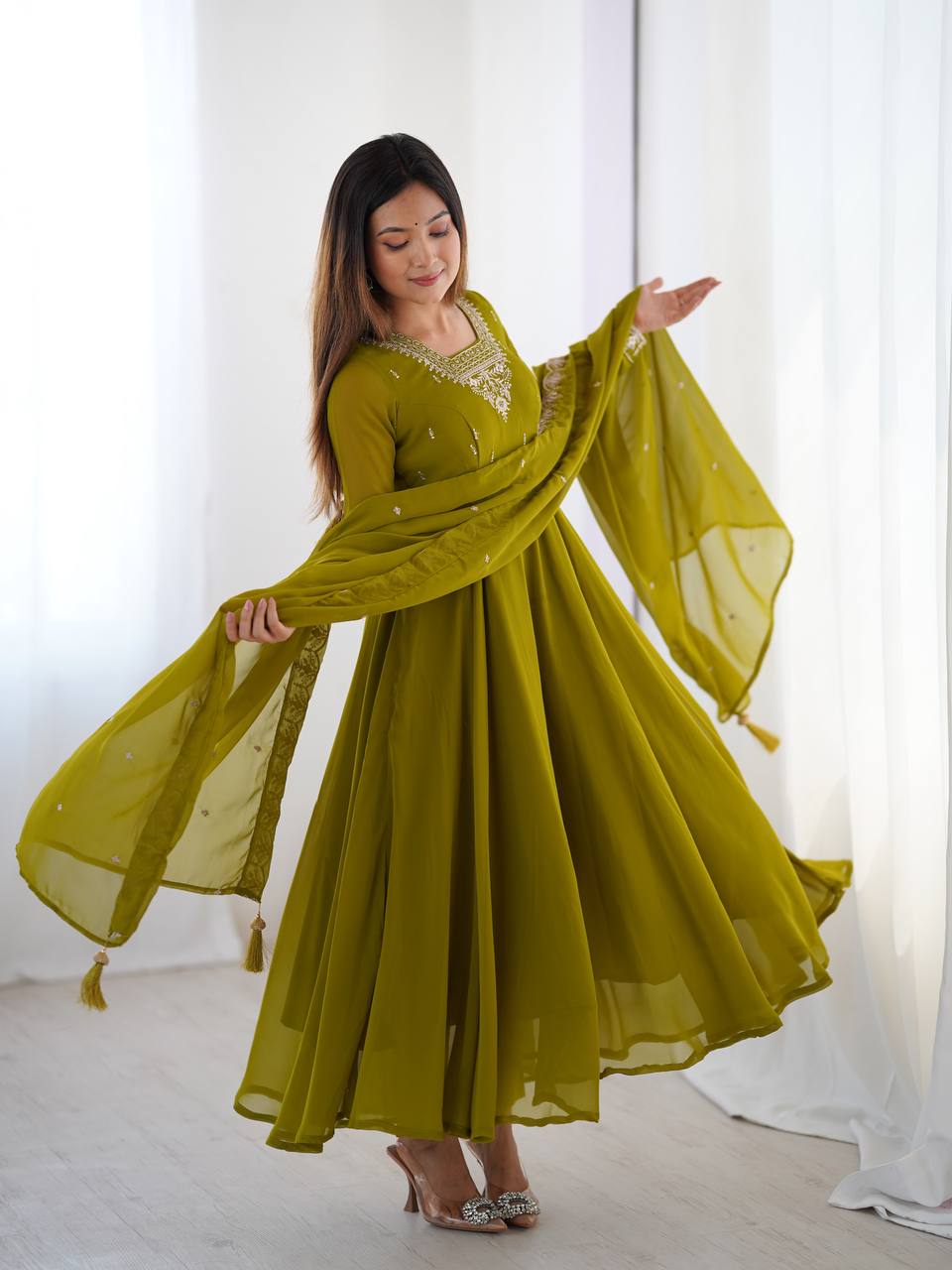 Elegant Embroidered Anarkali Suit – Olive Green
