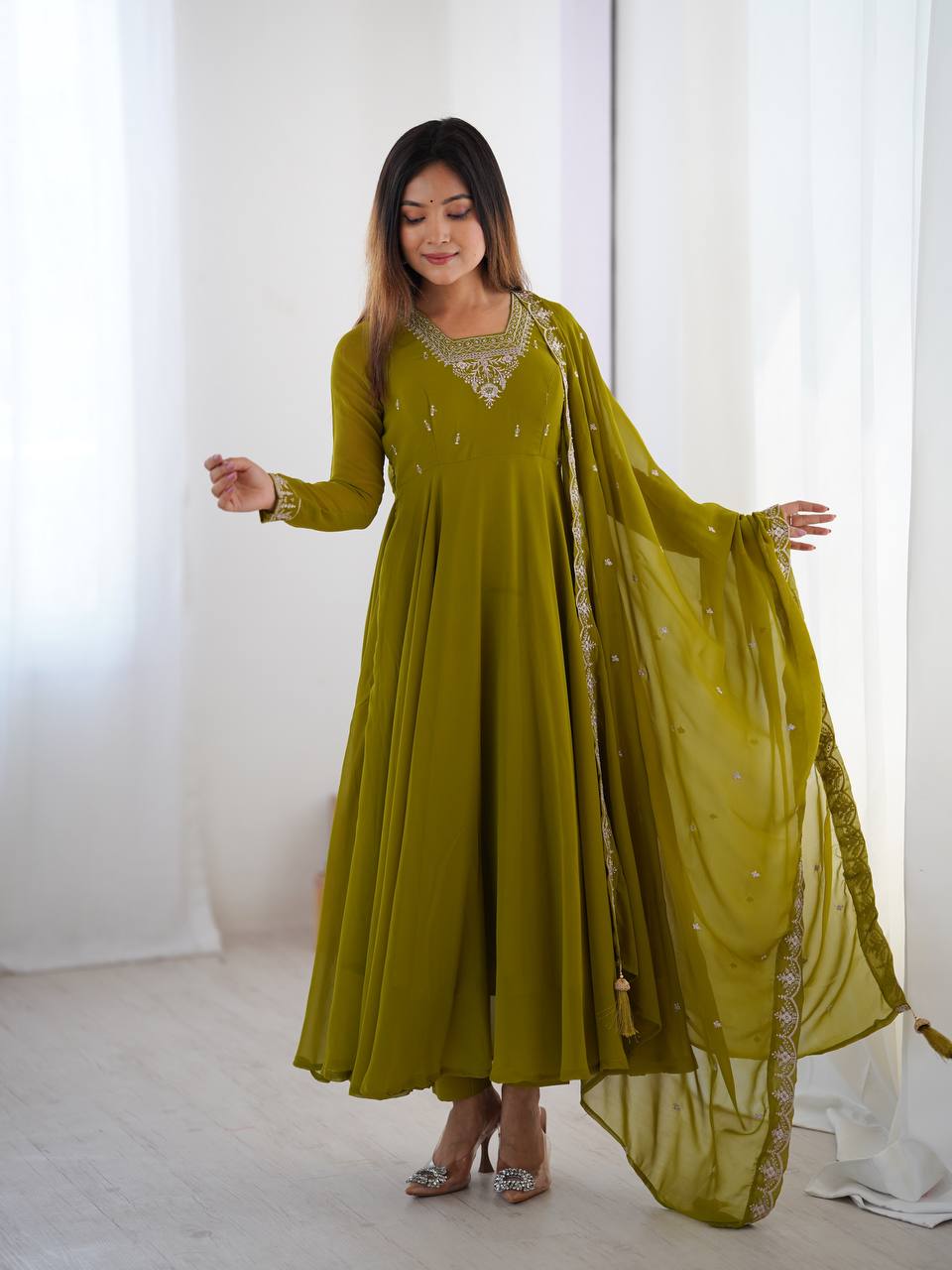 Elegant Embroidered Anarkali Suit – Olive Green